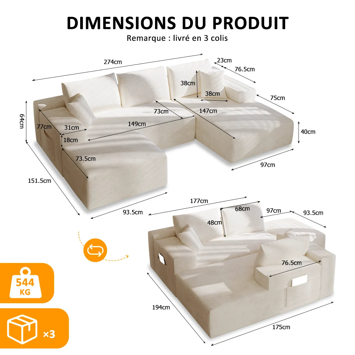 Canapé Prestige modulable en U, velours côtelé