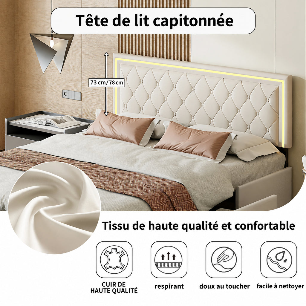 Lit Double Prestige en Similicuir à Quatre Tiroirs