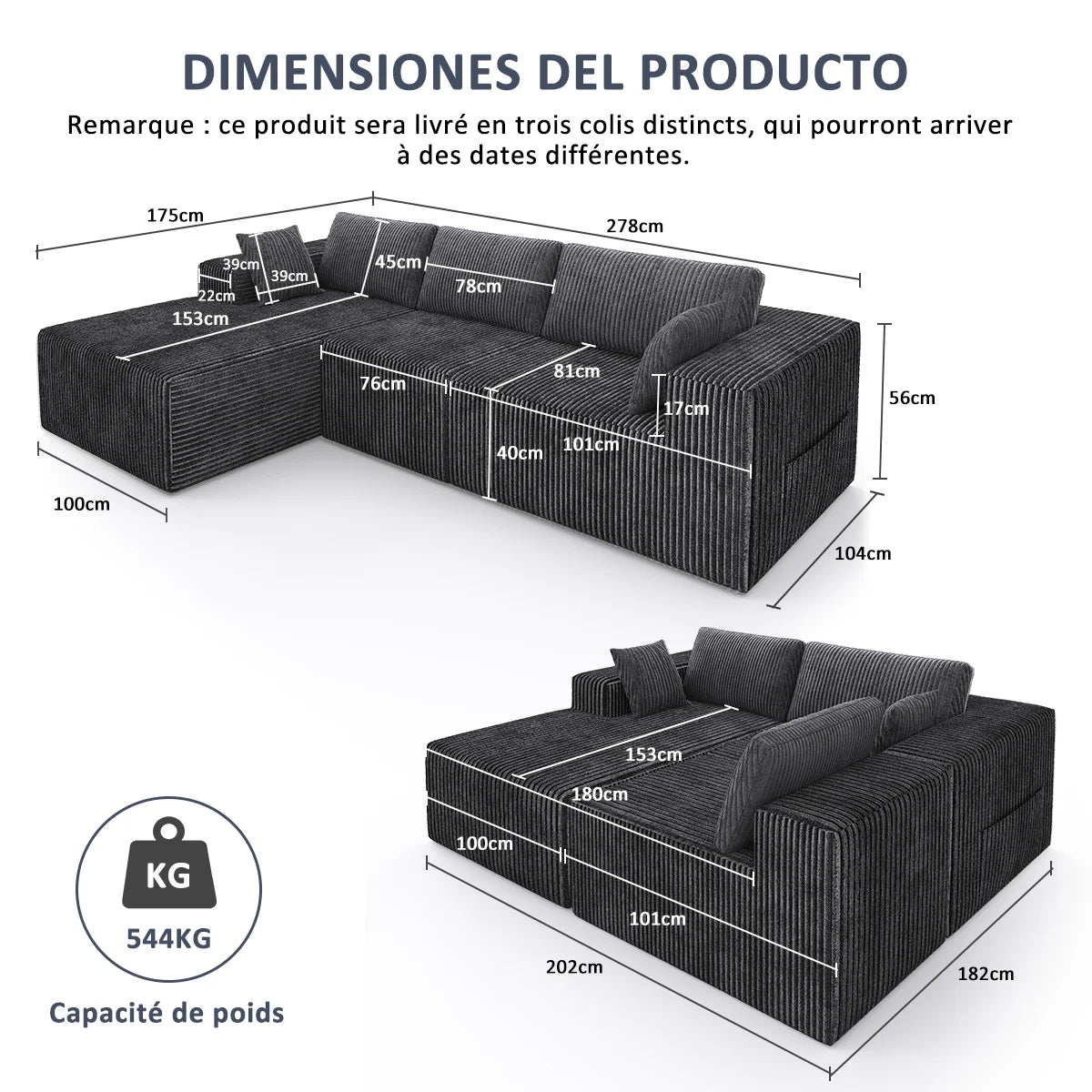 Canapé d'Angle Velours Milano Prestige 278 x 175 cm