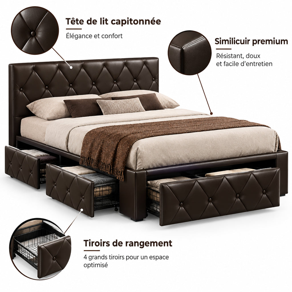 Lit Double Prestige en Similicuir à Quatre Tiroirs