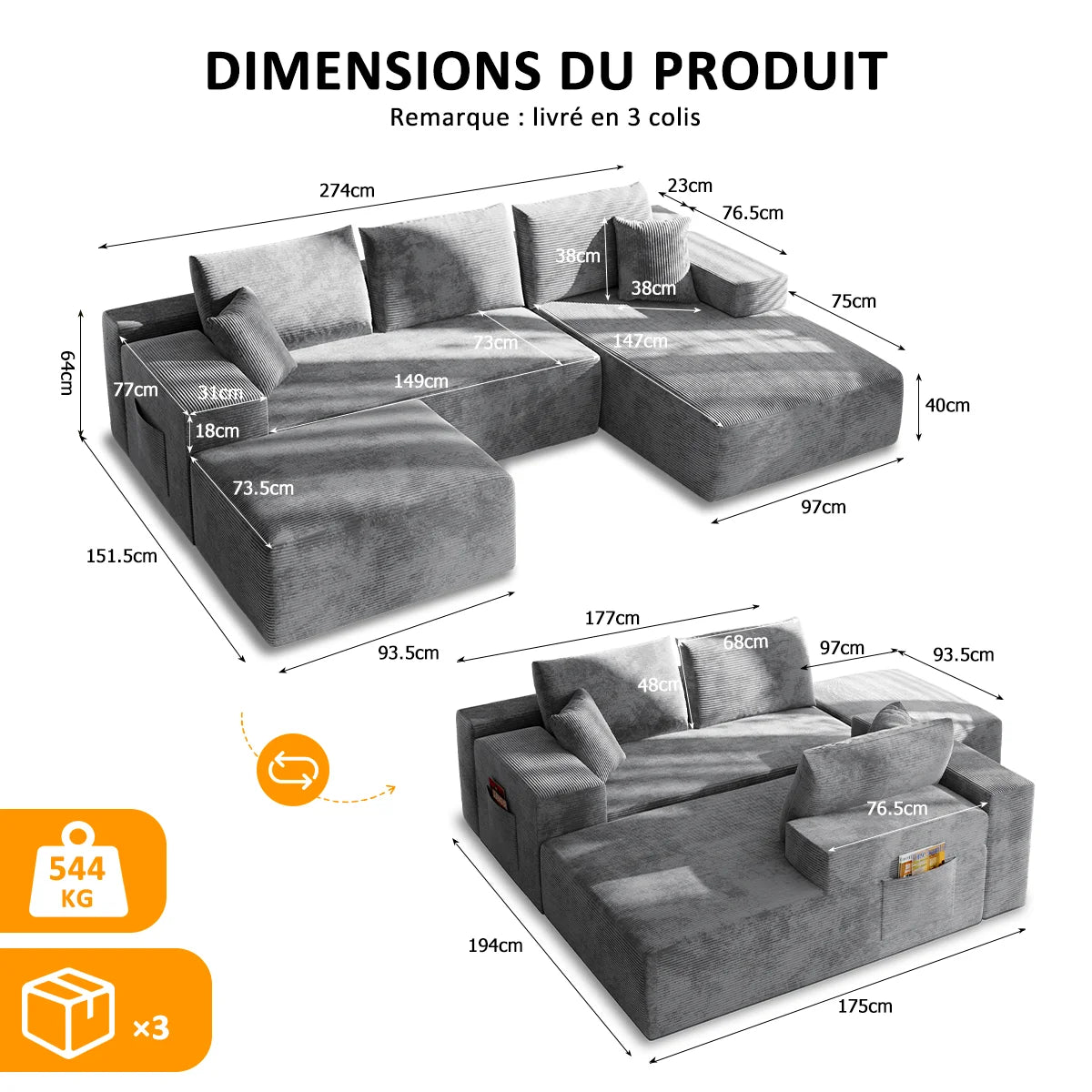 Canapé-Lit Modulable en U Prestige