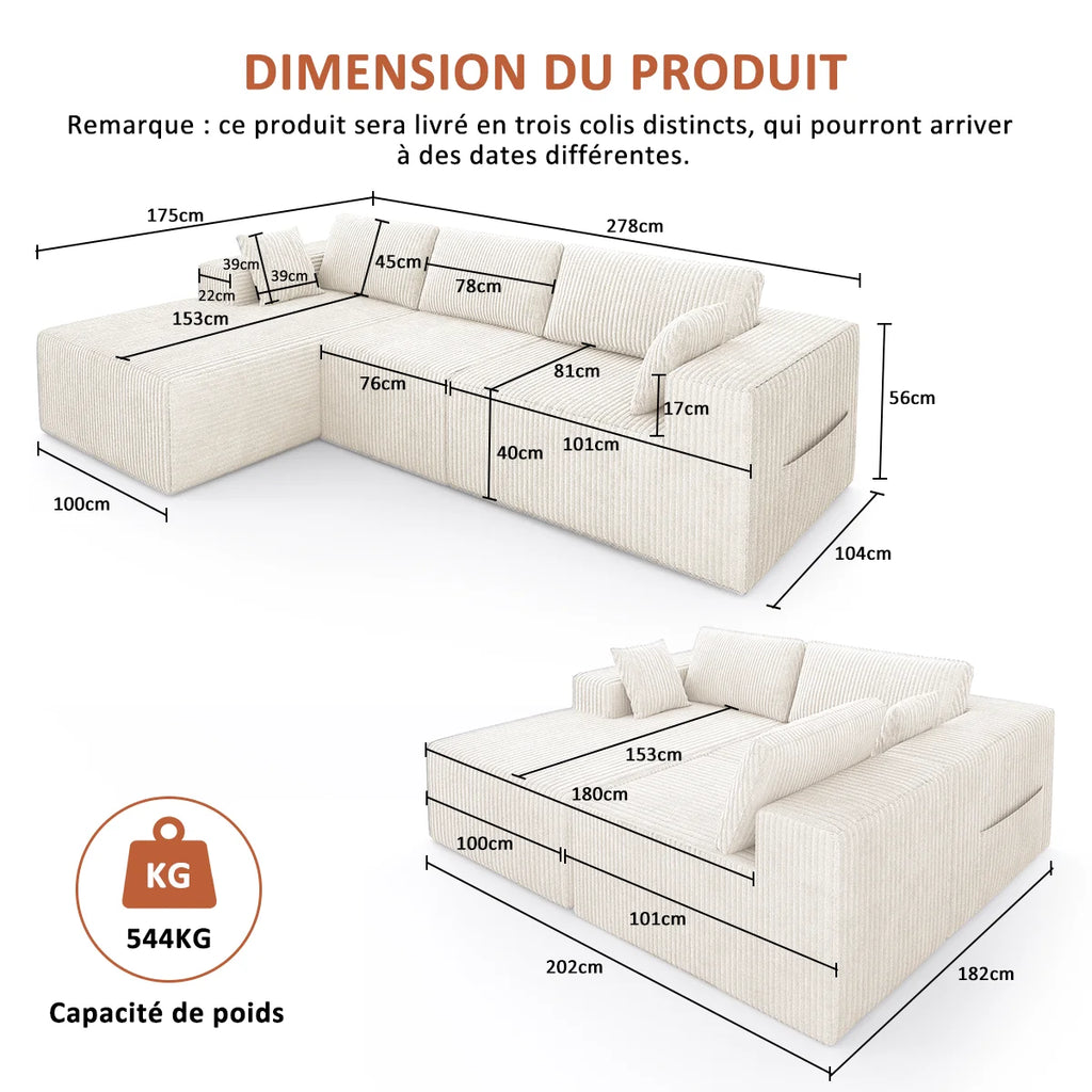 Canapé d'Angle Velours Milano Prestige 278 x 175 cm