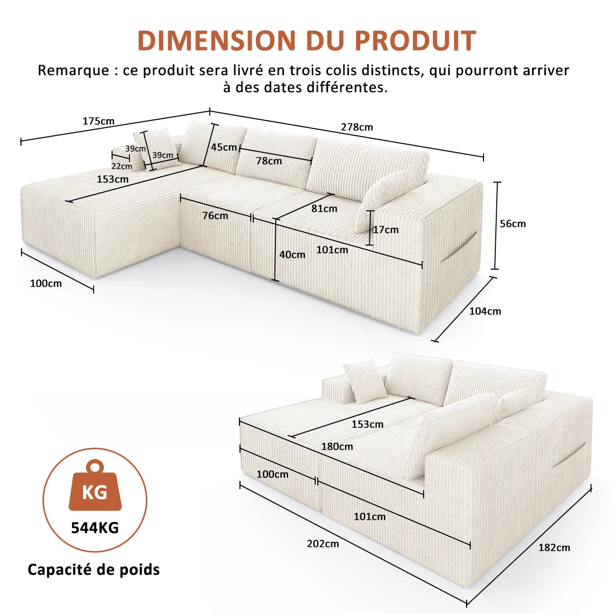 Canapé d'Angle Velours Milano Prestige 278 x 175 cm