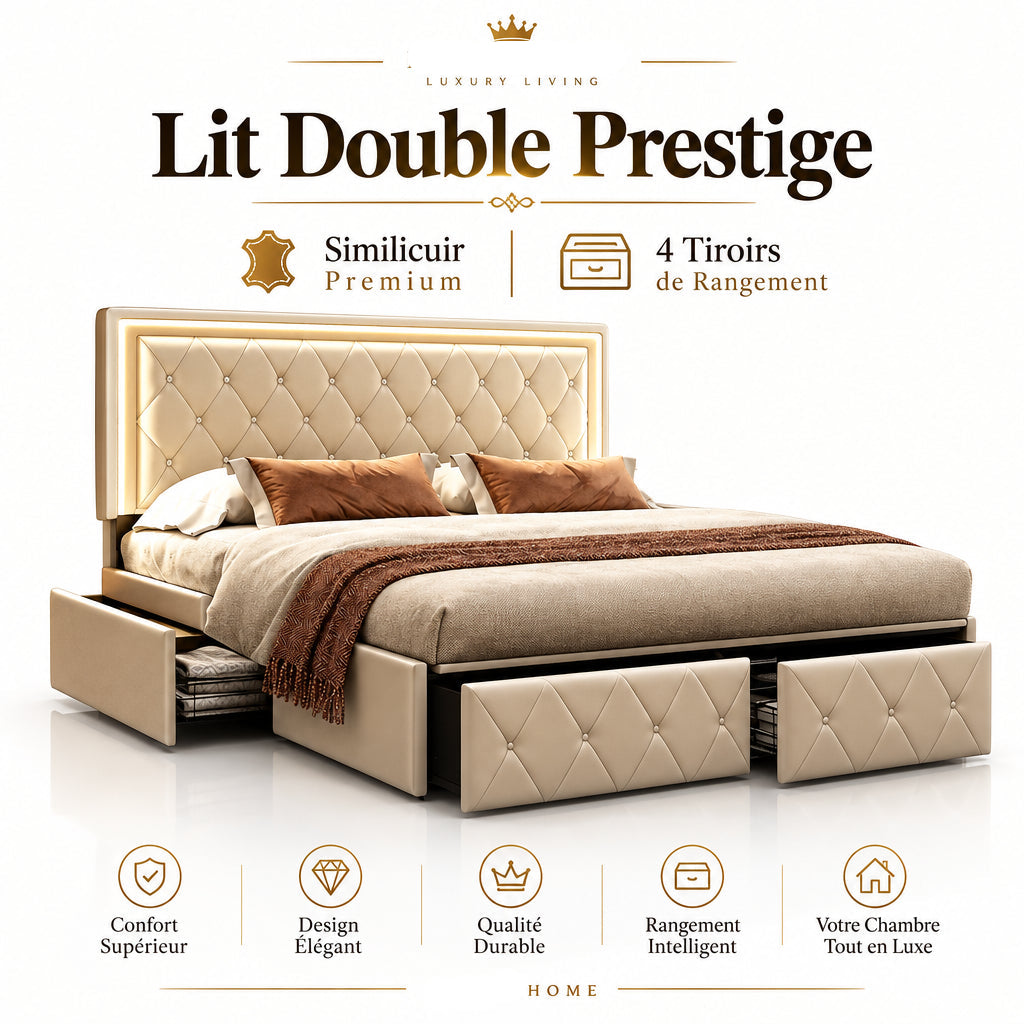 Lit Double Prestige en Similicuir à Quatre Tiroirs