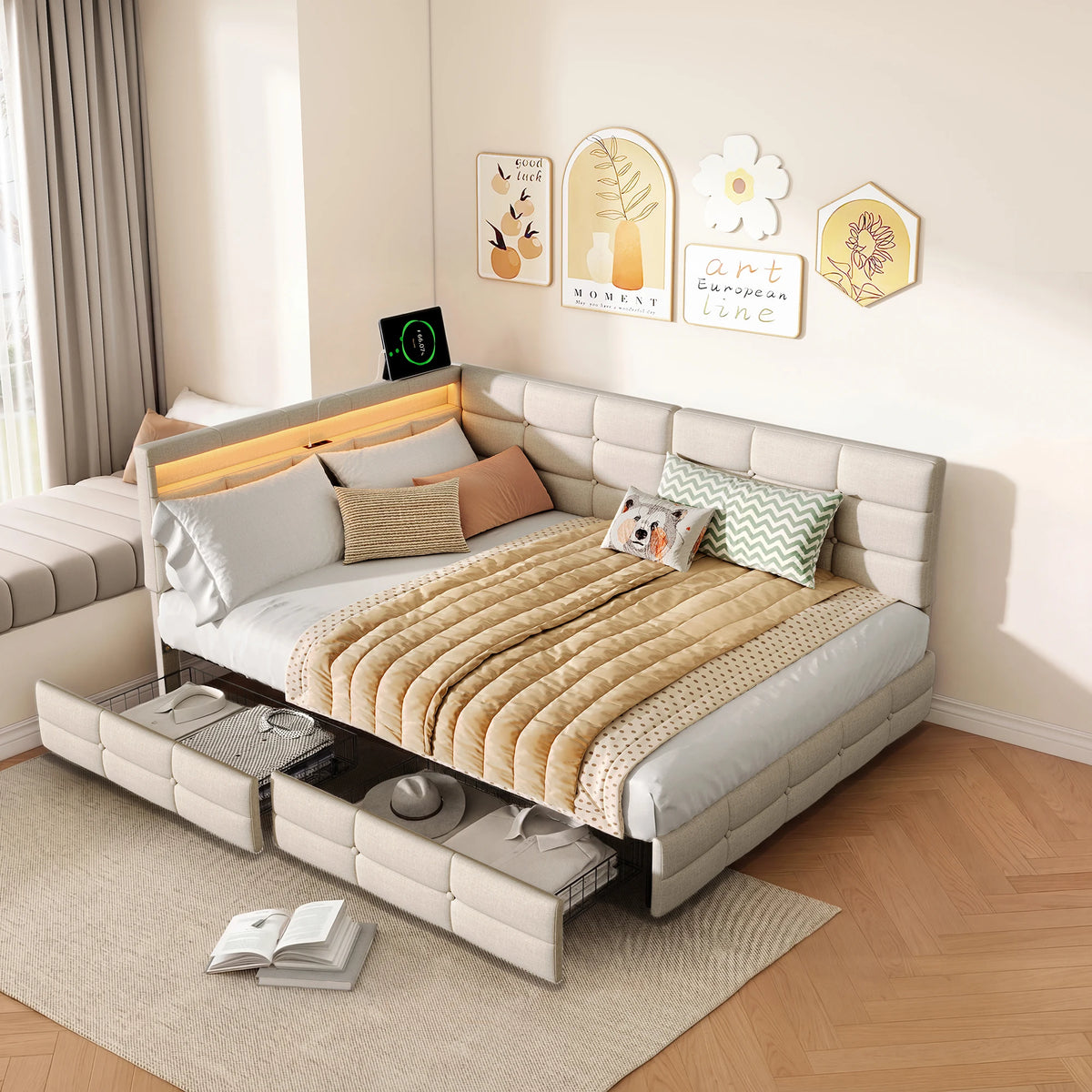 Lit d’Angle Prestige en Tissu avec LED et Prise USB
