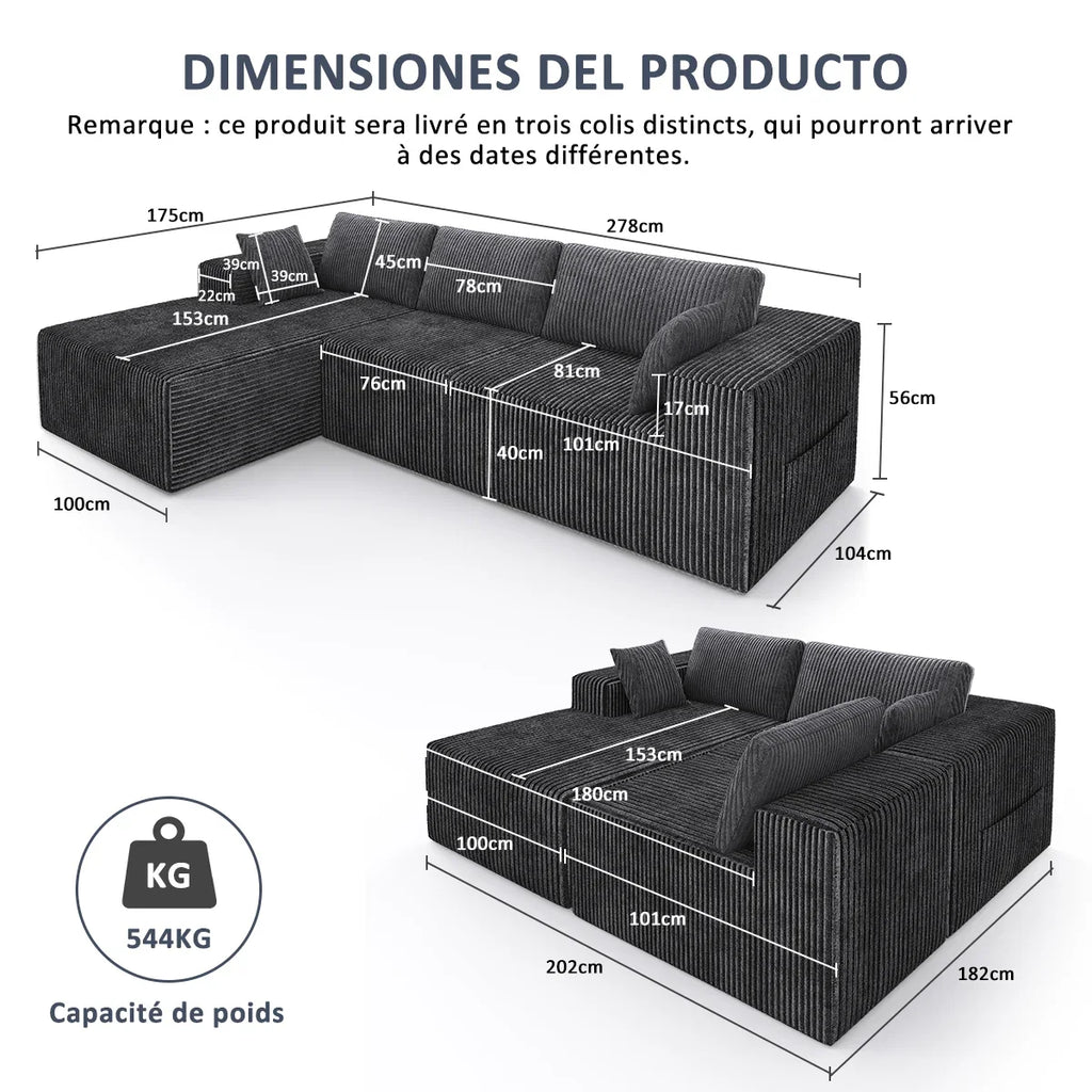 Canapé d'Angle Velours Milano Prestige 278 x 175 cm