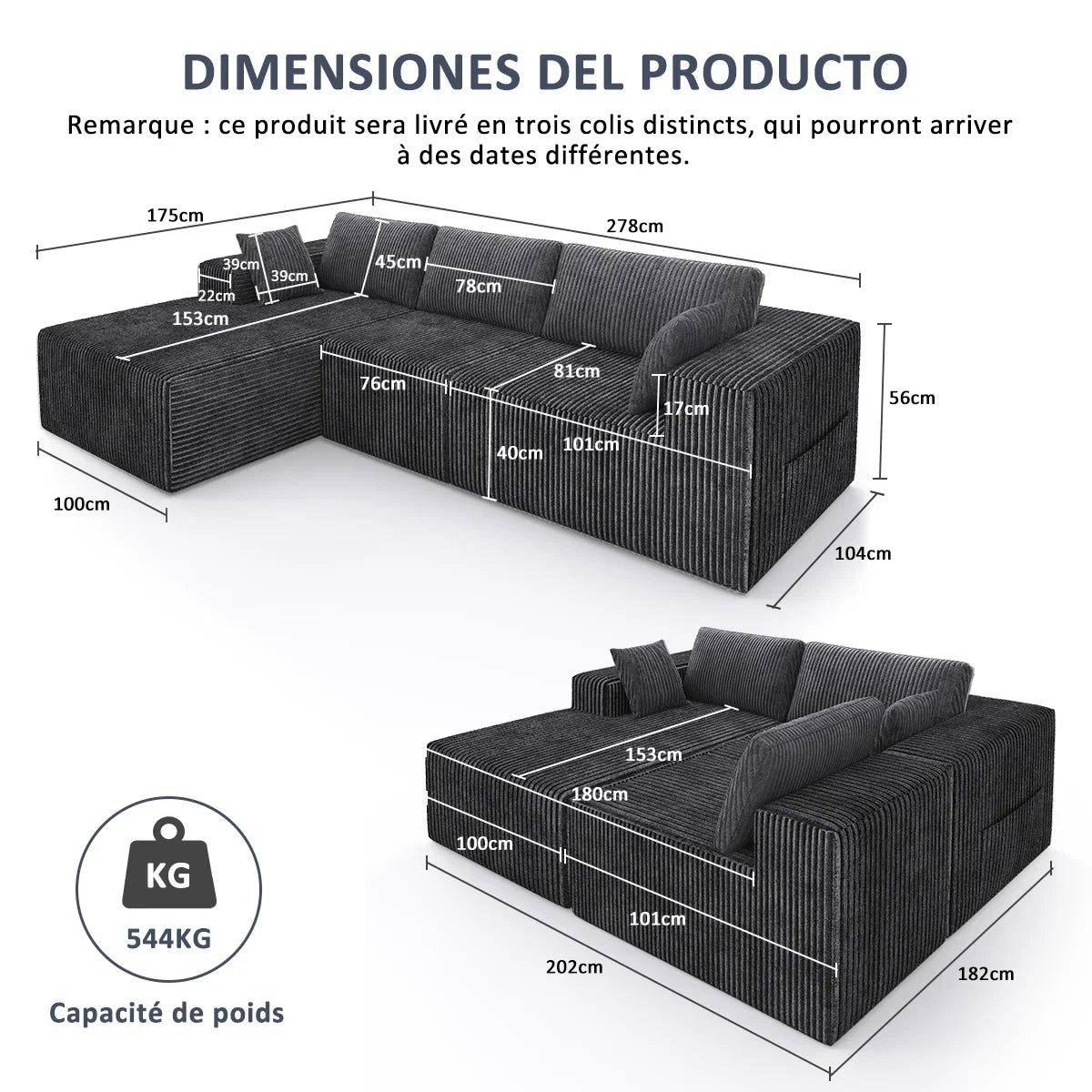 Canapé d'Angle Velours Milano Prestige 278 x 175 cm