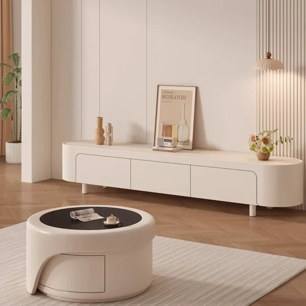 Meuble TV Prestige aux Lignes Douces en Bois et Verre