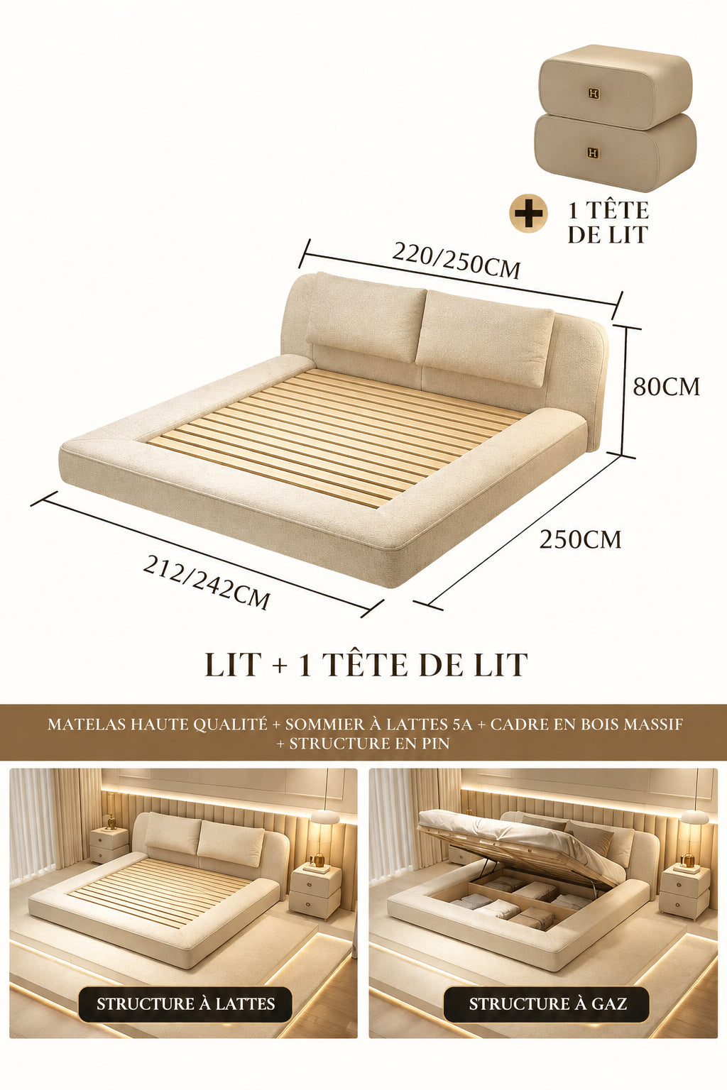 Lit Coffre Prestige en Bois au Style Contemporain