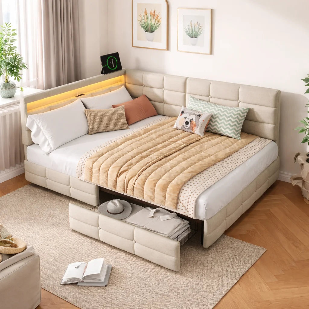 Lit d’Angle Prestige en Tissu avec LED et Prise USB