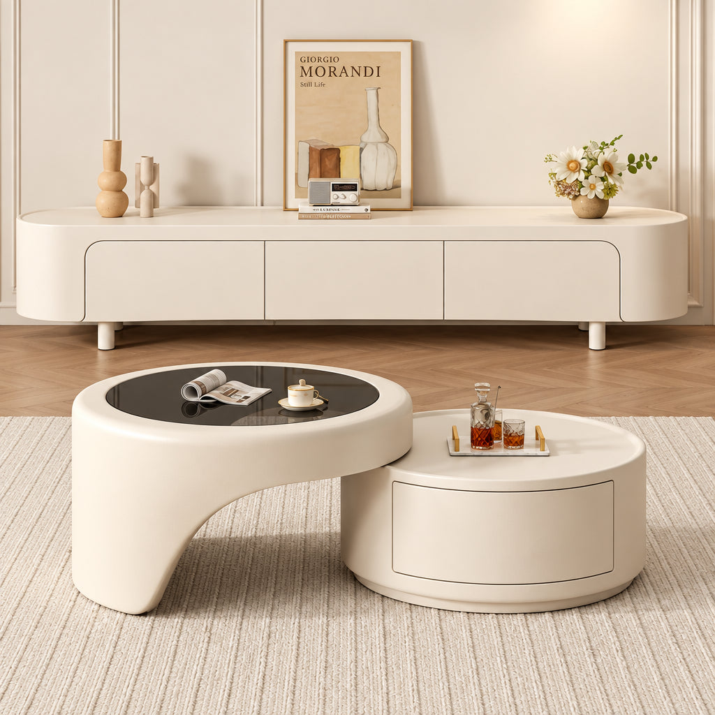 Meuble TV Prestige aux Lignes Douces en Bois et Verre