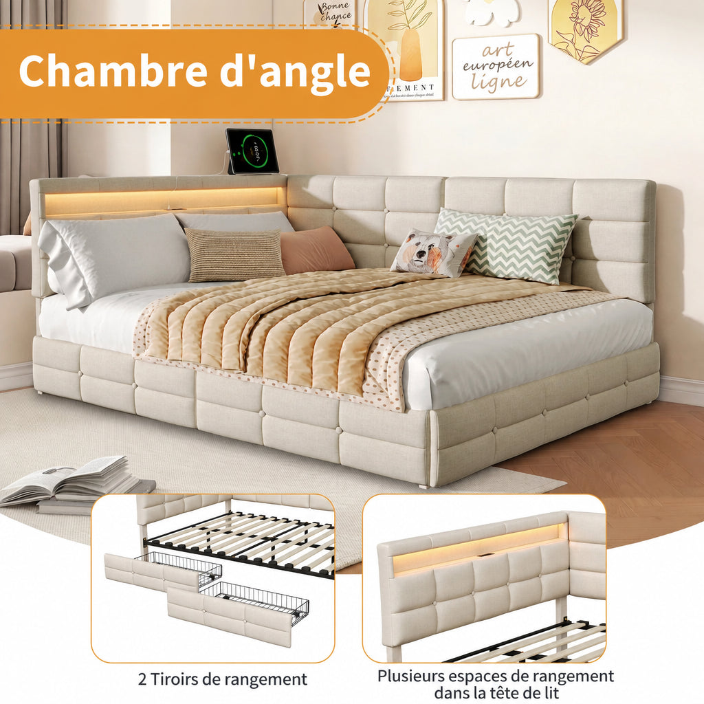 Lit d’Angle Prestige en Tissu avec LED et Prise USB