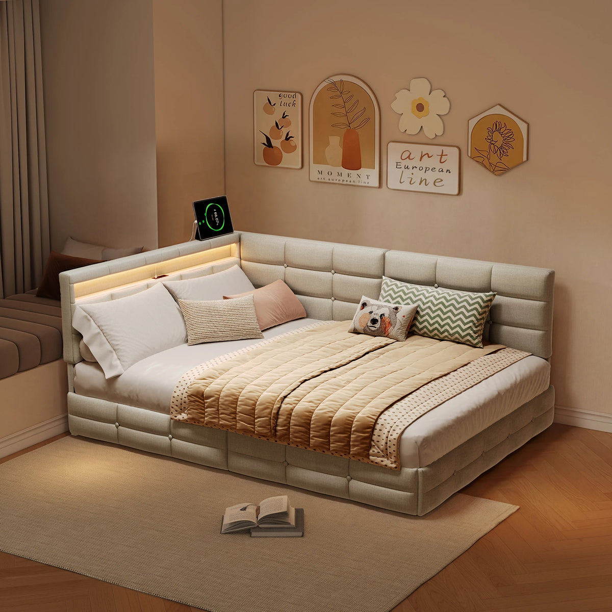 Lit d’Angle Prestige en Tissu avec LED et Prise USB