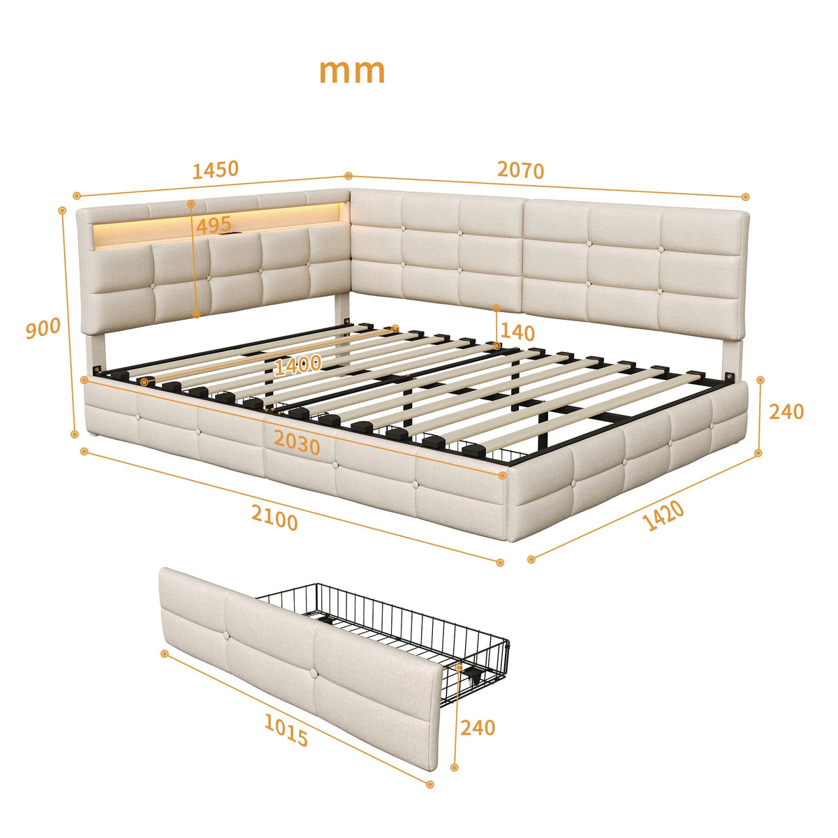 Lit d’Angle Prestige en Tissu avec LED et Prise USB