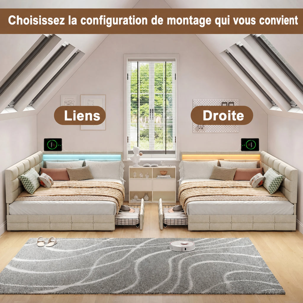 Lit d’Angle Prestige en Tissu avec LED et Prise USB